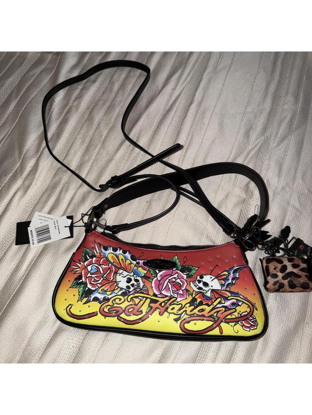 Ed Hardy Crossbody Bag Skull Wings Roses Rhinestones Multicolored With Charm NWT